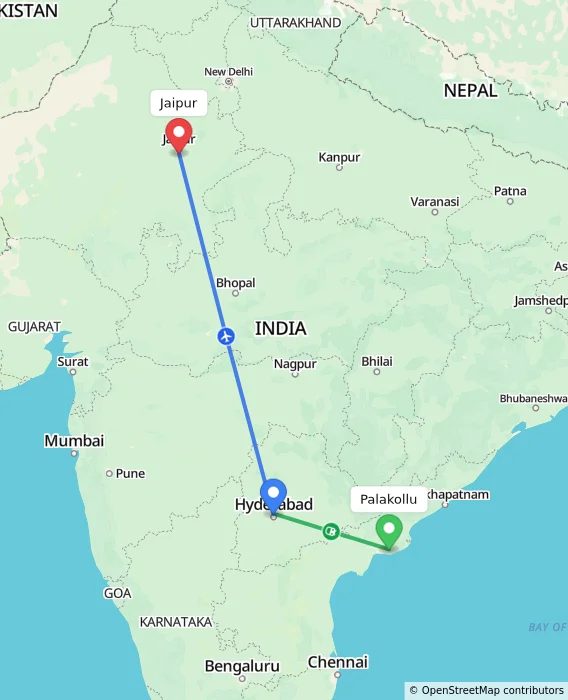Route map showing distance and travel time from Palakollu, India to Jaipur, India