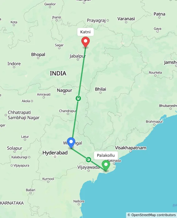 Route map showing distance and travel time from Palakollu, India to Katni, India