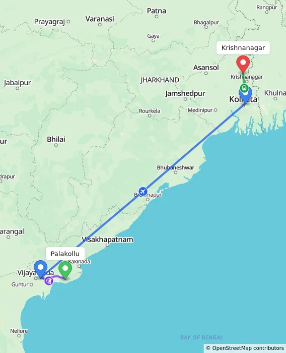 Route map showing distance and travel time from Palakollu, India to Krishnanagar, India