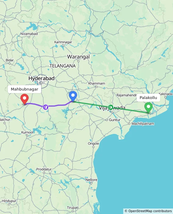 Route map showing distance and travel time from Palakollu, India to Mahbubnagar, India