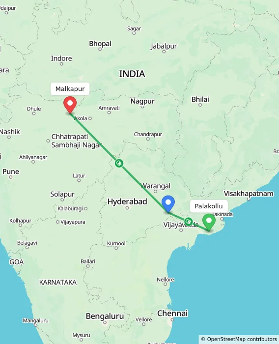 Route map showing distance and travel time from Palakollu, India to Malkapur, India