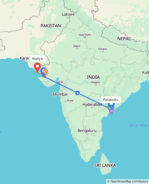 Route map showing distance and travel time from Palakollu, India to Naliya, India