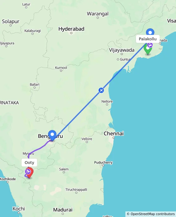 Route map showing distance and travel time from Palakollu, India to Ooty, India