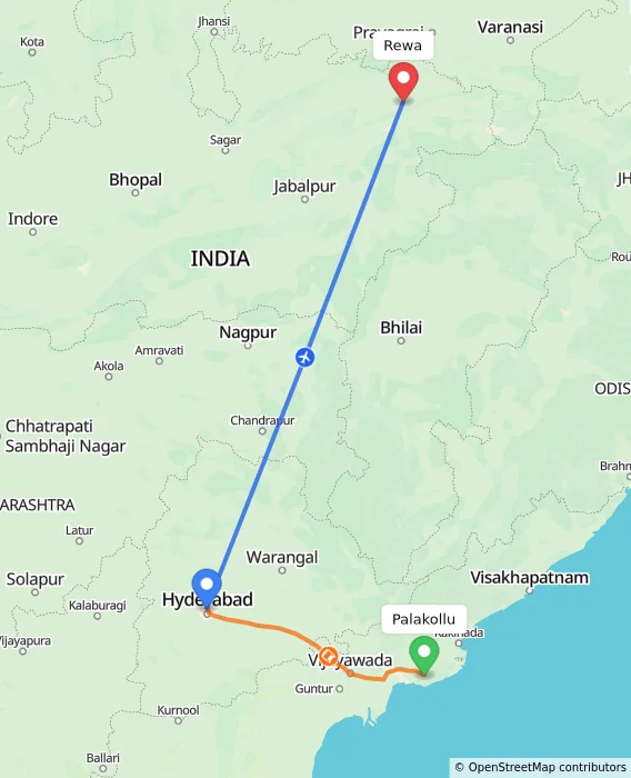 Route map showing distance and travel time from Palakollu, India to Rewa, India
