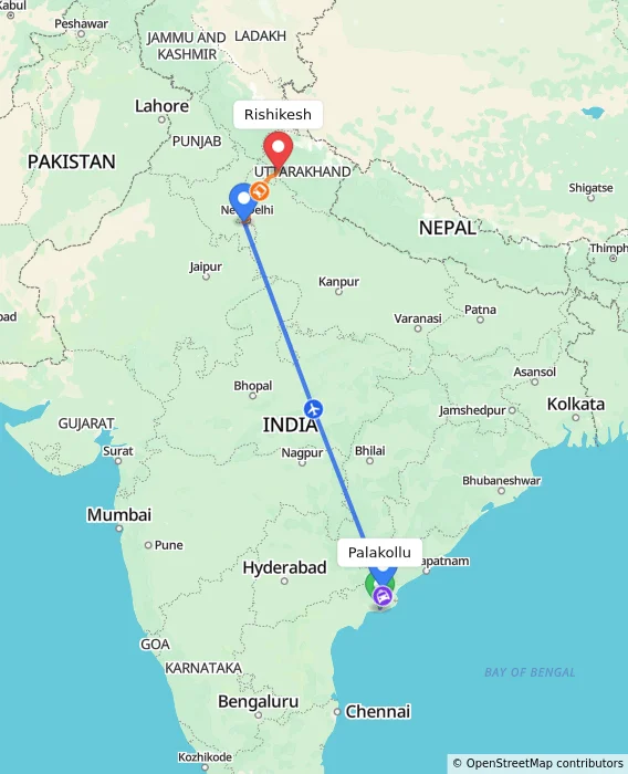 Route map showing distance and travel time from Palakollu, India to Rishikesh, India