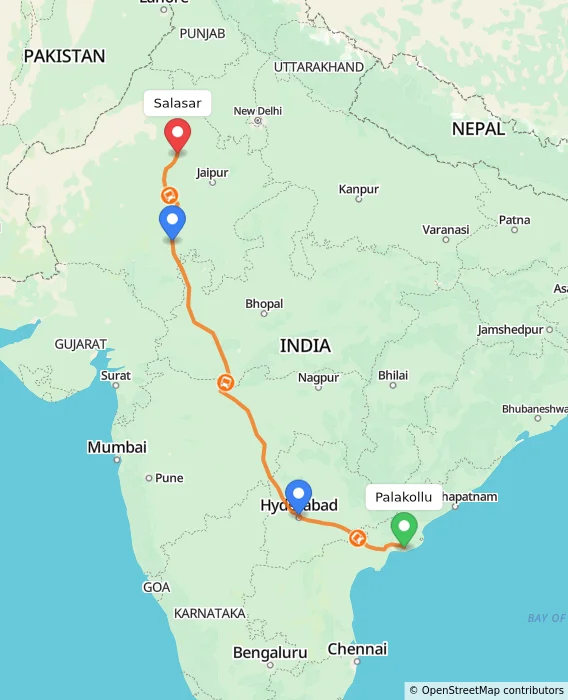 Route map showing distance and travel time from Palakollu, India to Salasar, India