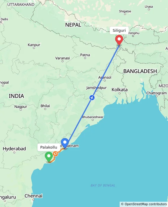 Route map showing distance and travel time from Palakollu, India to Siliguri, India