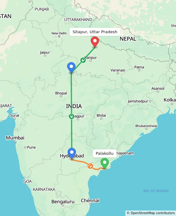 Route map showing distance and travel time from Palakollu, India to Sitapur, Uttar Pradesh, India