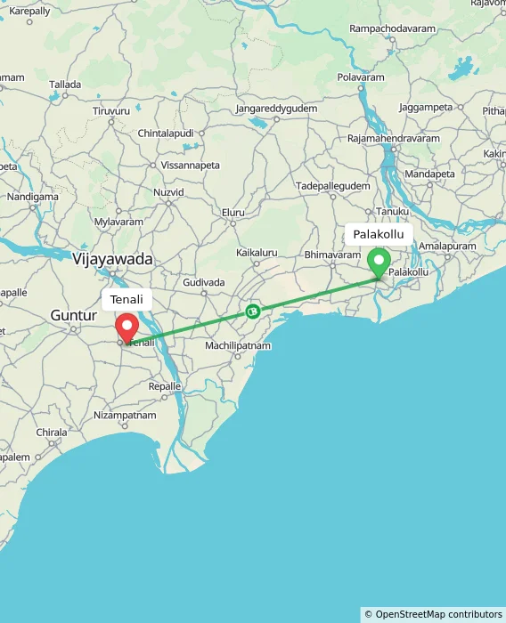 Route map showing distance and travel time from Palakollu, India to Tenali, India