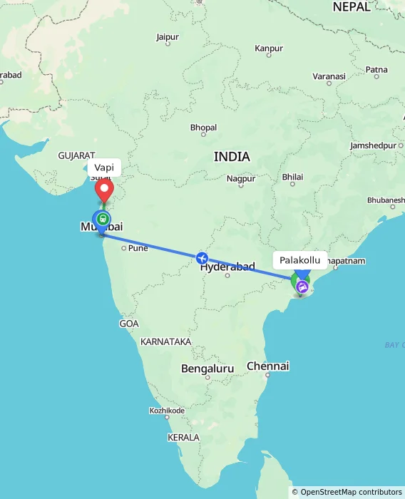 Route map showing distance and travel time from Palakollu, India to Vapi, India