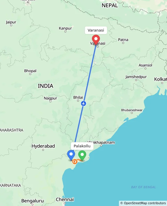 Route map showing distance and travel time from Palakollu, India to Varanasi, India