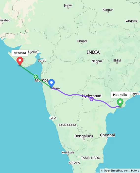 Route map showing distance and travel time from Palakollu, India to Veraval, India