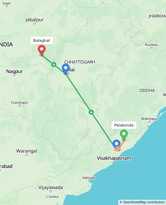 Route map showing distance and travel time from Palakonda, India to Balaghat, India