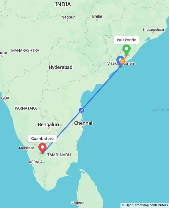 Route map showing distance and travel time from Palakonda, India to Coimbatore, India