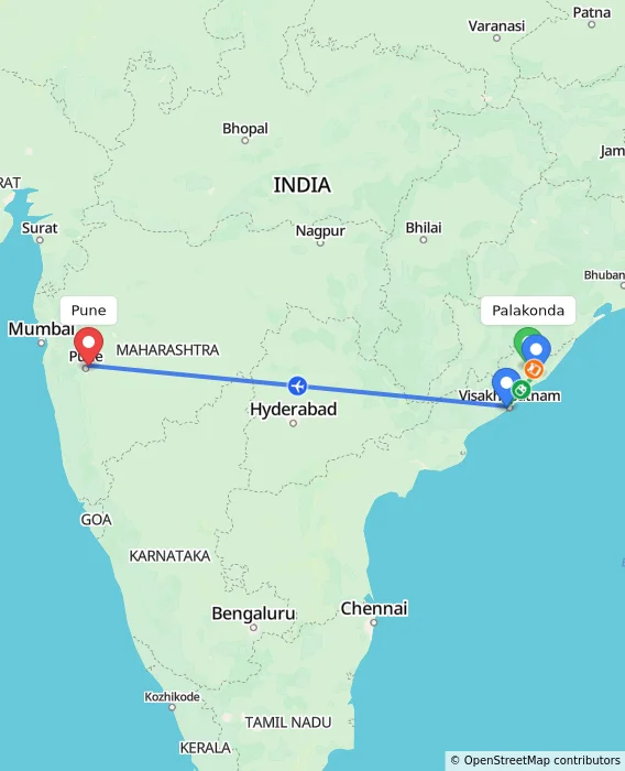 Route map showing distance and travel time from Palakonda, India to Pune, India