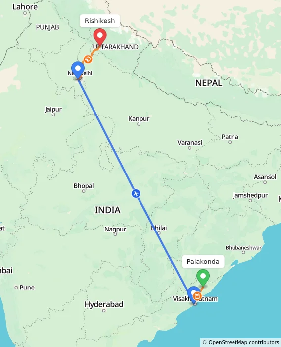 Route map showing distance and travel time from Palakonda, India to Rishikesh, India
