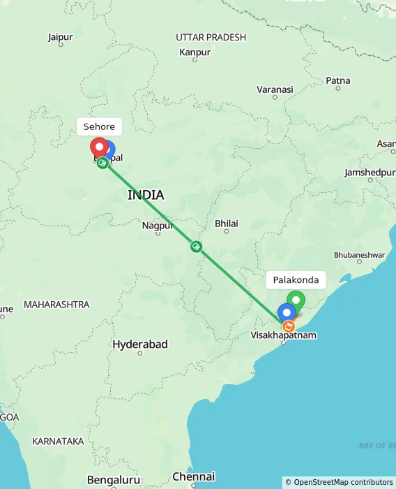 Route map showing distance and travel time from Palakonda, India to Sehore, India