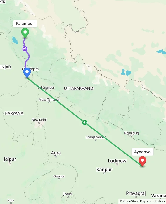 Route map showing distance and travel time from Palampur, India to Ayodhya, India