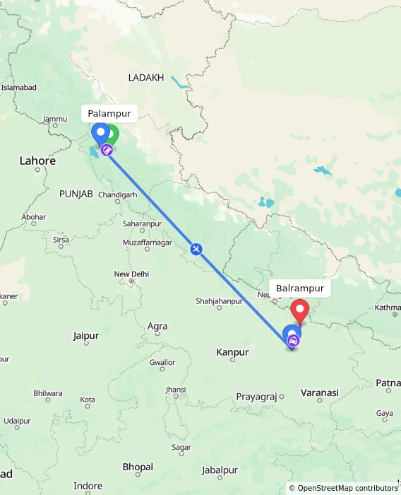Route map showing distance and travel time from Palampur, India to Balrampur, India