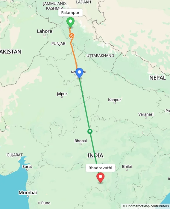 Route map showing distance and travel time from Palampur, India to Bhadravathi, India