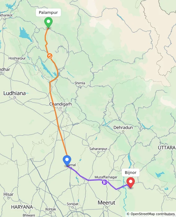 Route map showing distance and travel time from Palampur, India to Bijnor, India