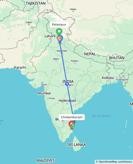 Route map showing distance and travel time from Palampur, India to Chidambaram, India