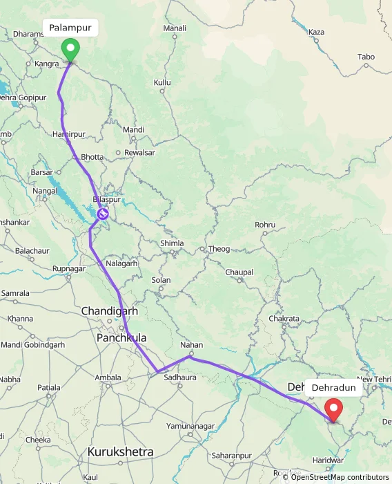 Route map showing distance and travel time from Palampur, India to Dehradun, India