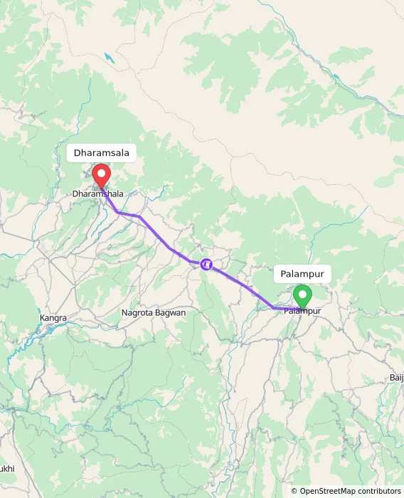 Route map showing distance and travel time from Palampur, India to Dharamsala, India