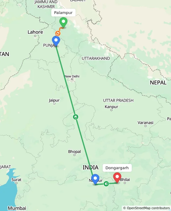Route map showing distance and travel time from Palampur, India to Dongargarh, India