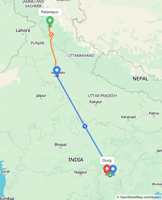 Route map showing distance and travel time from Palampur, India to Durg, India