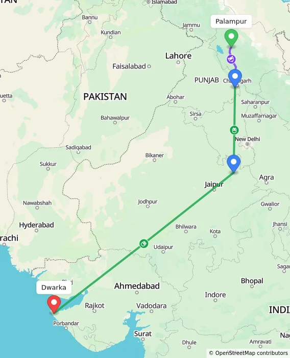 Route map showing distance and travel time from Palampur, India to Dwarka, India