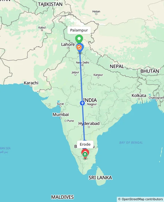 Route map showing distance and travel time from Palampur, India to Erode, India
