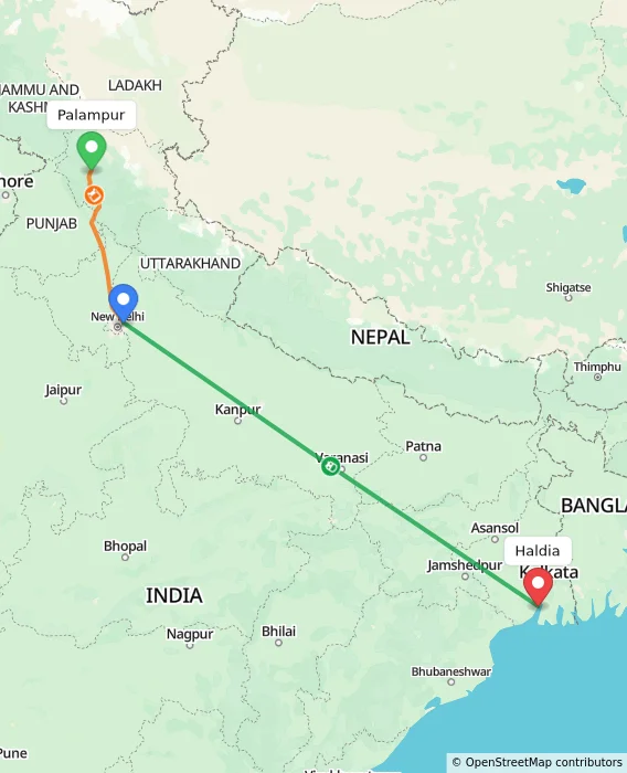 Route map showing distance and travel time from Palampur, India to Haldia, India