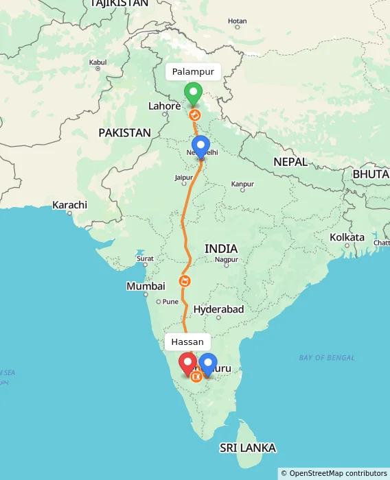 Route map showing distance and travel time from Palampur, India to Hassan, India