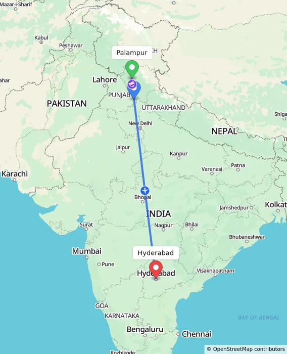 Route map showing distance and travel time from Palampur, India to Hyderabad, India