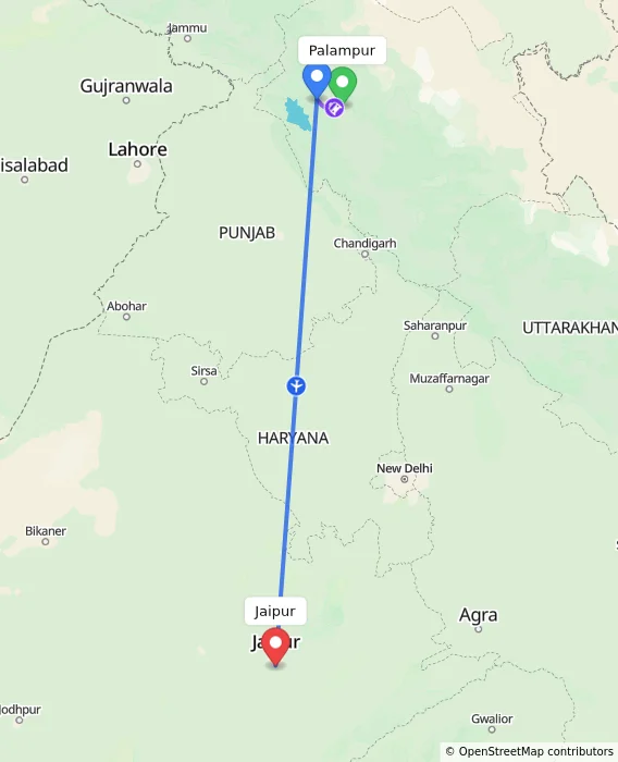 Route map showing distance and travel time from Palampur, India to Jaipur, India