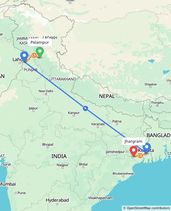 Route map showing distance and travel time from Palampur, India to Jhargram, India