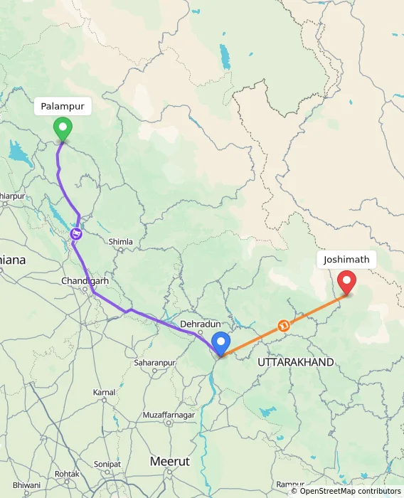 Route map showing distance and travel time from Palampur, India to Joshimath, India