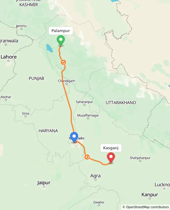 Route map showing distance and travel time from Palampur, India to Kasganj, India