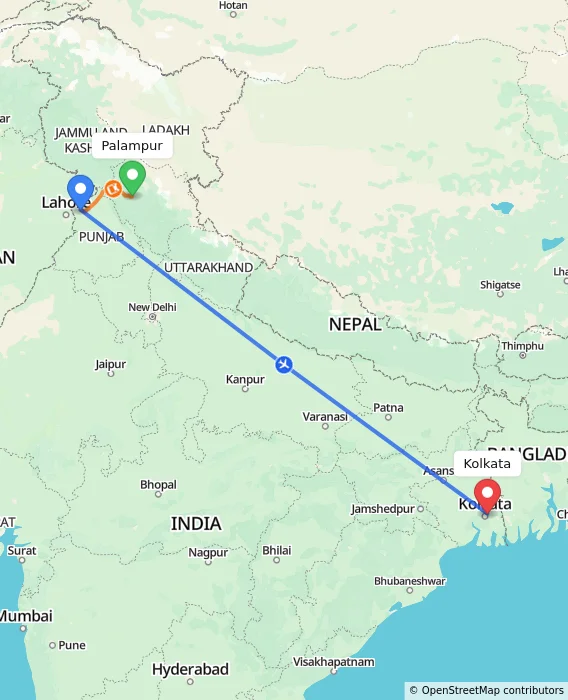Route map showing distance and travel time from Palampur, India to Kolkata, India