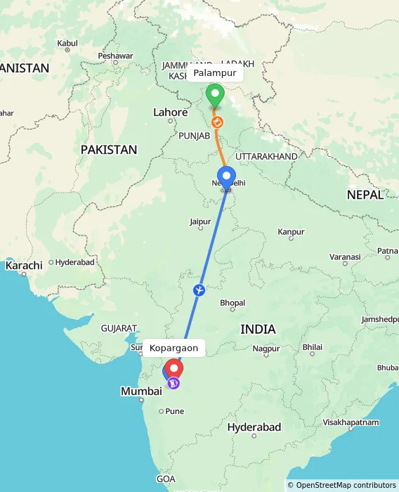 Route map showing distance and travel time from Palampur, India to Kopargaon, India