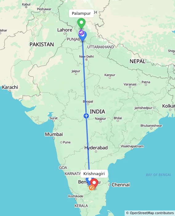 Route map showing distance and travel time from Palampur, India to Krishnagiri, India