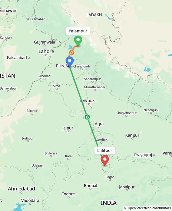 Route map showing distance and travel time from Palampur, India to Lalitpur, India