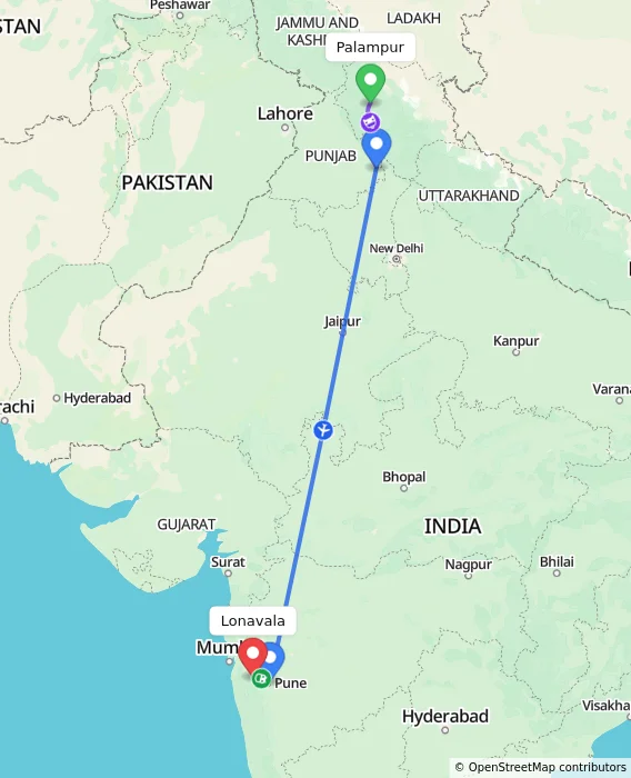 Route map showing distance and travel time from Palampur, India to Lonavala, India