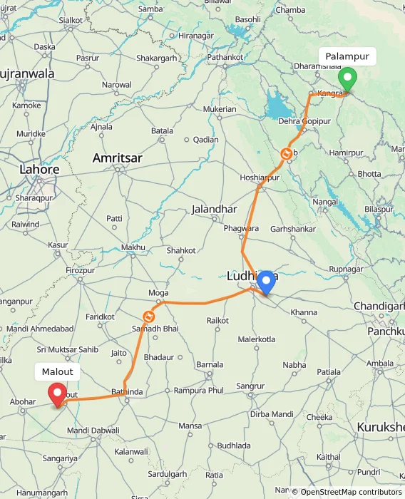 Route map showing distance and travel time from Palampur, India to Malout, India