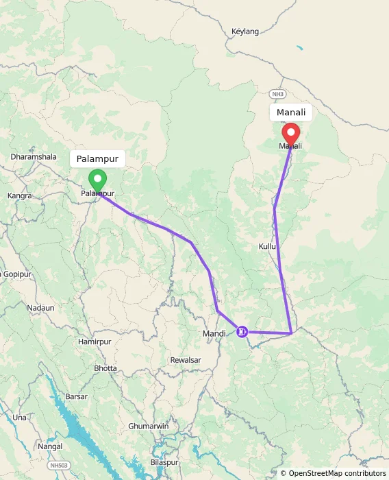 Route map showing distance and travel time from Palampur, India to Manali, India