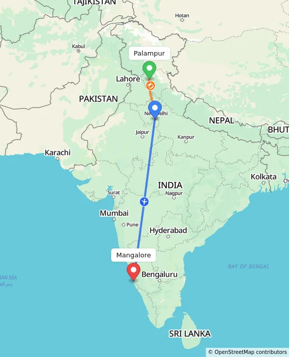 Route map showing distance and travel time from Palampur, India to Mangalore, India
