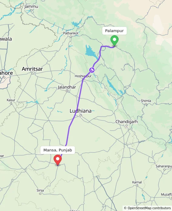Route map showing distance and travel time from Palampur, India to Mansa, Punjab, India