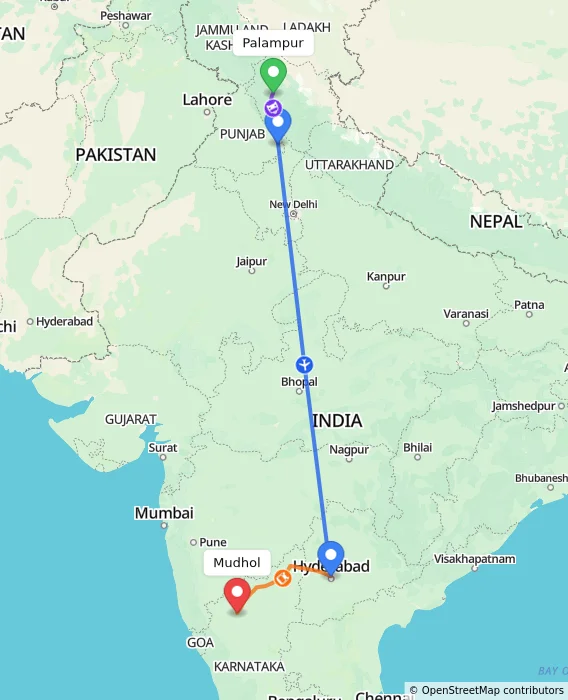 Route map showing distance and travel time from Palampur, India to Mudhol, India