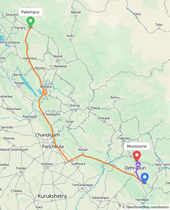 Route map showing distance and travel time from Palampur, India to Mussoorie, India